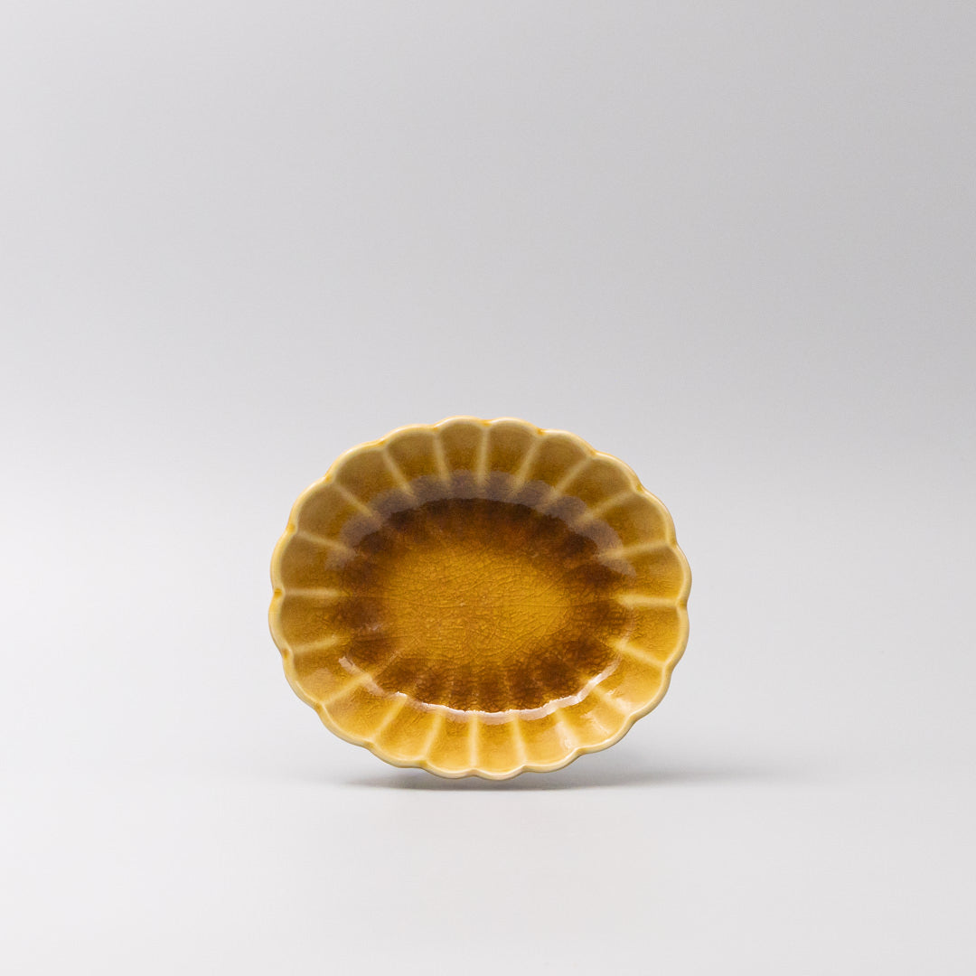Premium Ceramic Oval Bowl – Yellow Amane Amber Glaze 16cm