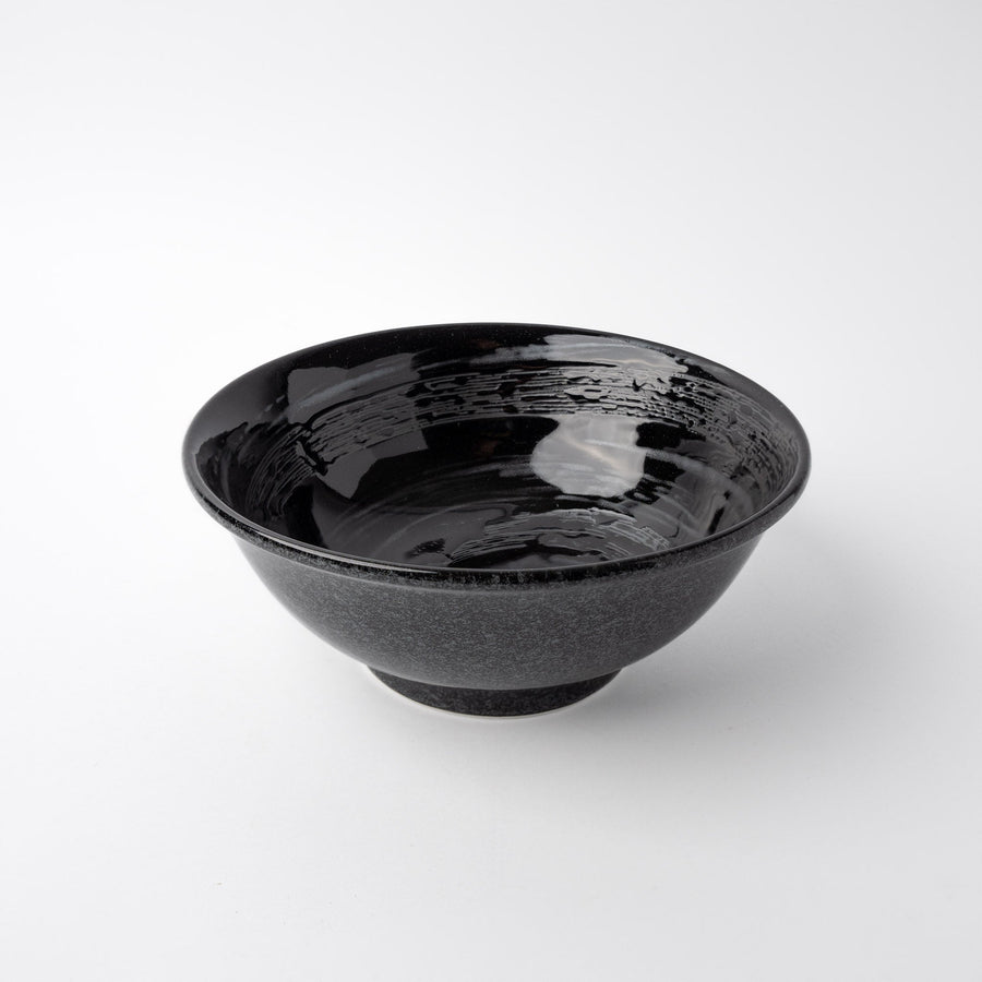 Premium Fluted Udon Bowl – Black Gunmetal Swirl Glaze 19.5cm