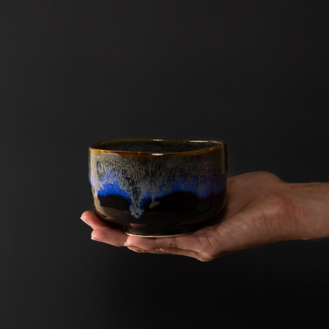 Premium 11.5cm Blue Drip on Black Matcha Tea Bowl 400ml Dishwasher Microwave Safe