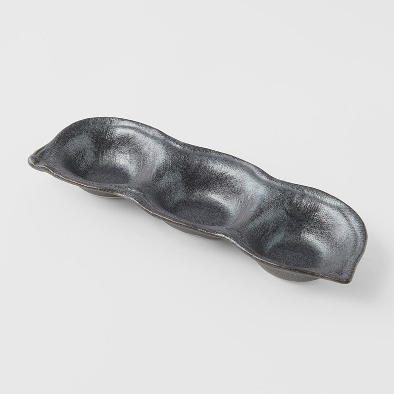 Black Glaze Edamame Triple Pod Dish 200ml Dishwasher Microwave Safe