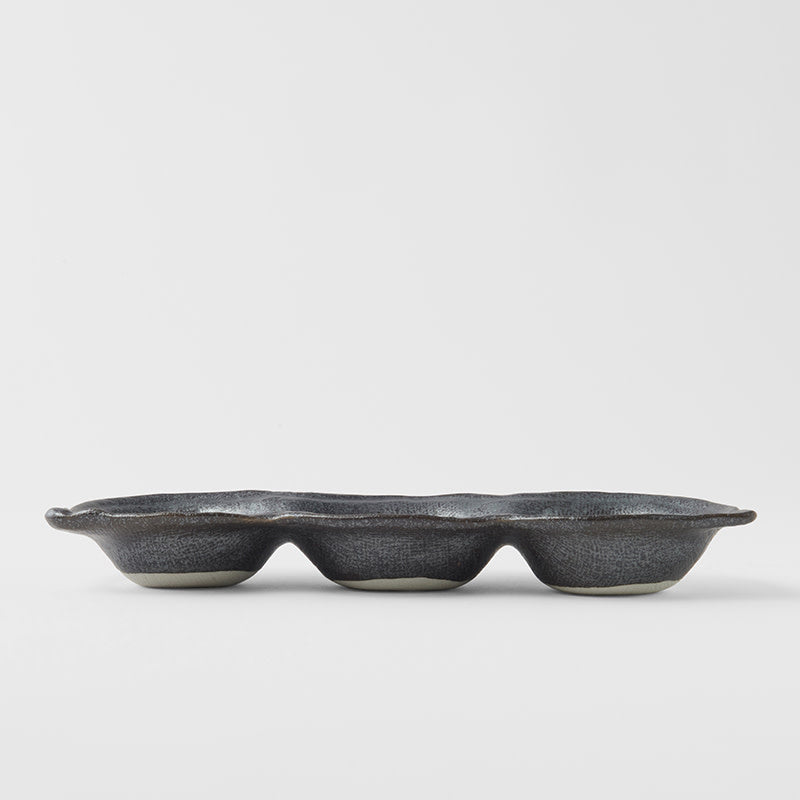 Black Glaze Edamame Triple Pod Dish 200ml Dishwasher Microwave Safe