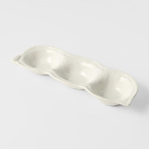 Matte White Glaze Ceramic Edamame Triple Pod Dish 200ml Dishwasher Microwave Safe