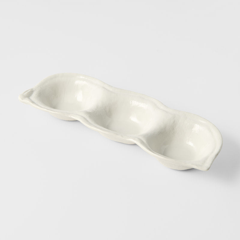 Matte White Glaze Ceramic Edamame Triple Pod Dish 200ml Dishwasher Microwave Safe