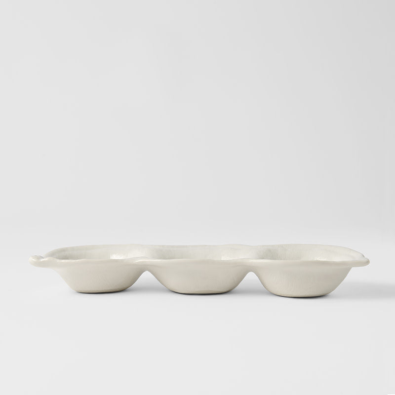 Matte White Glaze Ceramic Edamame Triple Pod Dish 200ml Dishwasher Microwave Safe