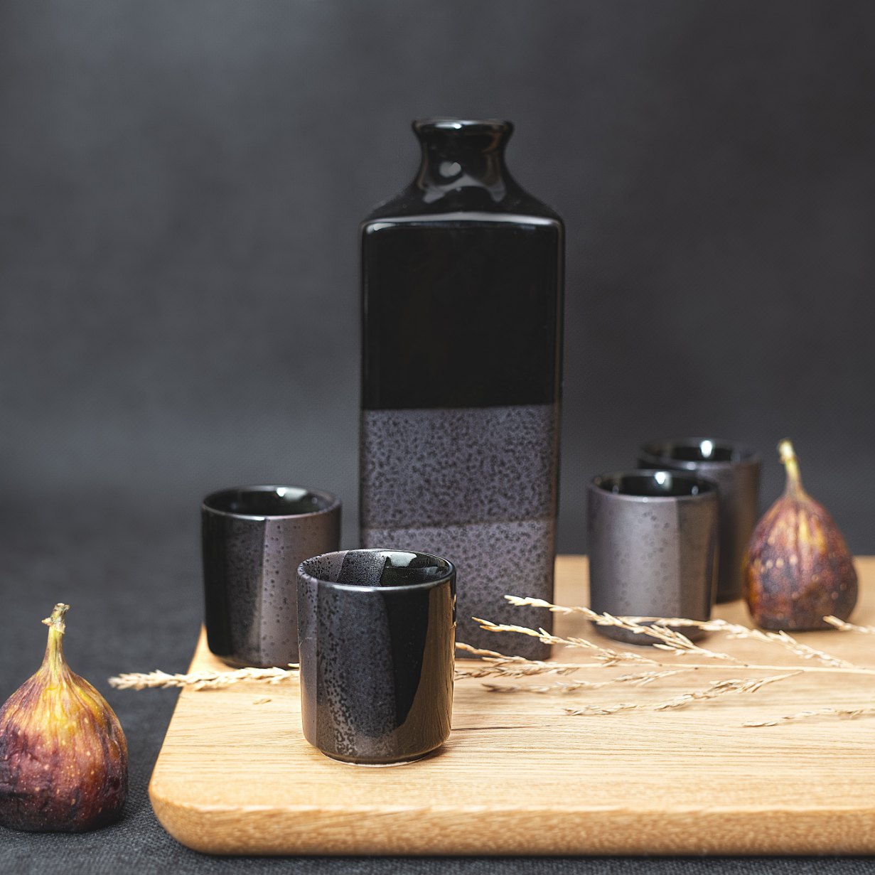 Premium Ceramic Sake Set – Gunmetal Black Glaze 5 Piece