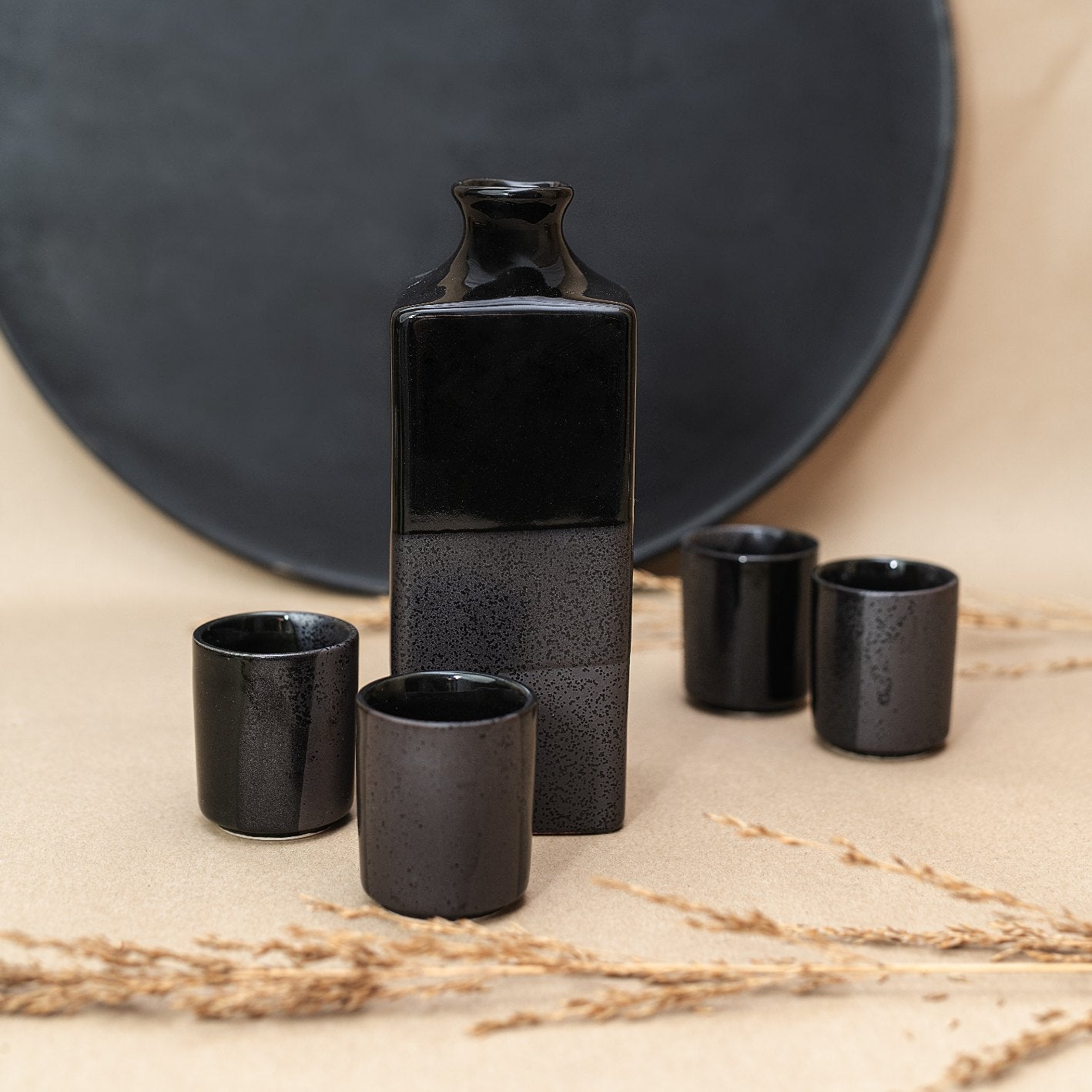 Premium Ceramic Sake Set – Gunmetal Black Glaze 5 Piece