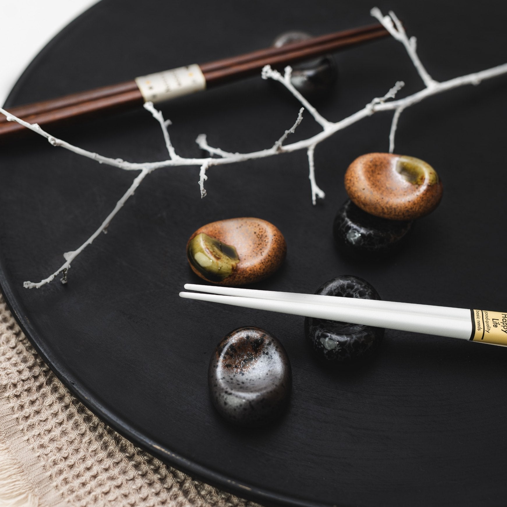 Matt Black Ceramic Pebble Chopstick Rest Microwave Dishwasher Safe Tableware