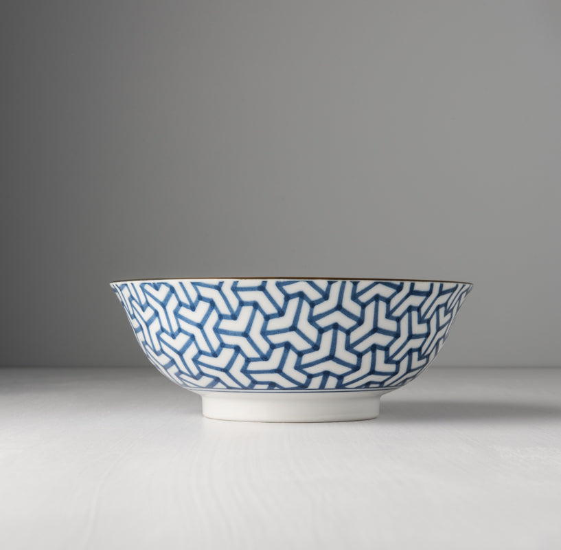 Premium Ceramic Bowl – Blue Indigo Ikat Herringbone Design 19cm, 750ml