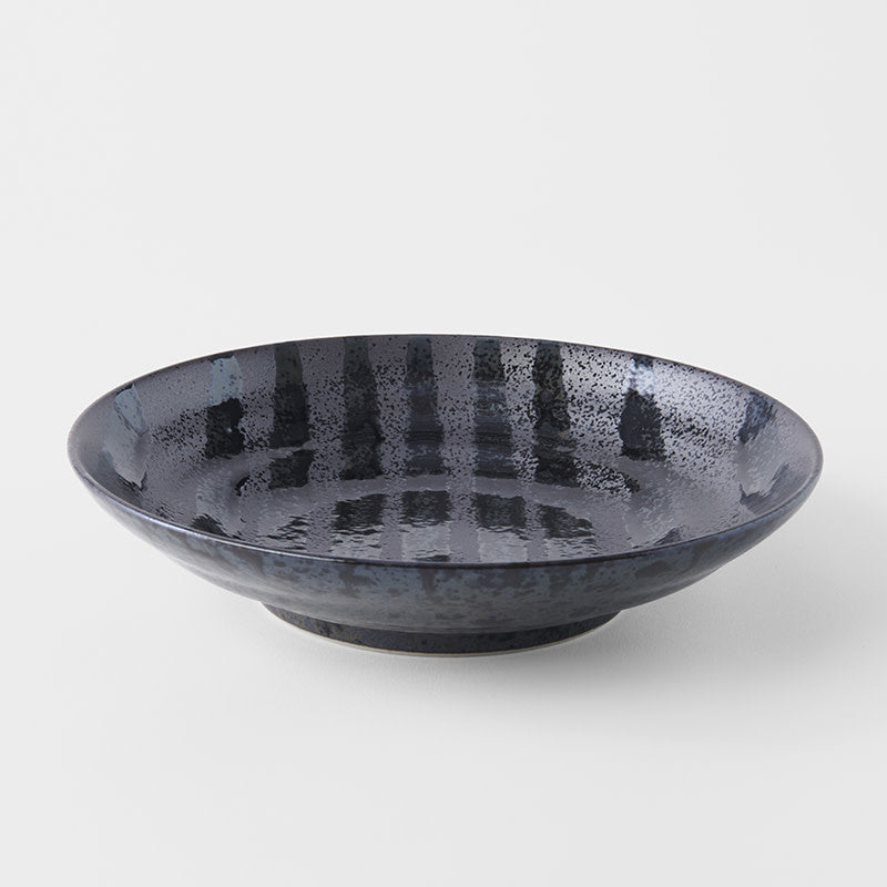 Premium Flat Pasta Bowl – Gloss Black Stripes 23cm, 500ml