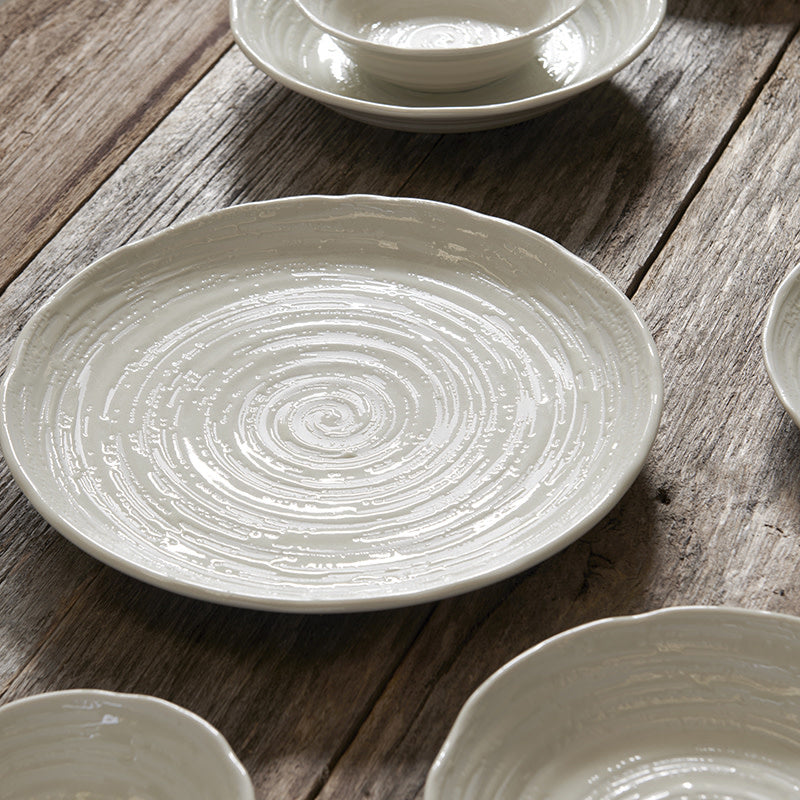 24.5cm White Spiral Glaze Ceramic Dinner Plate Dishwasher Microwave Safe