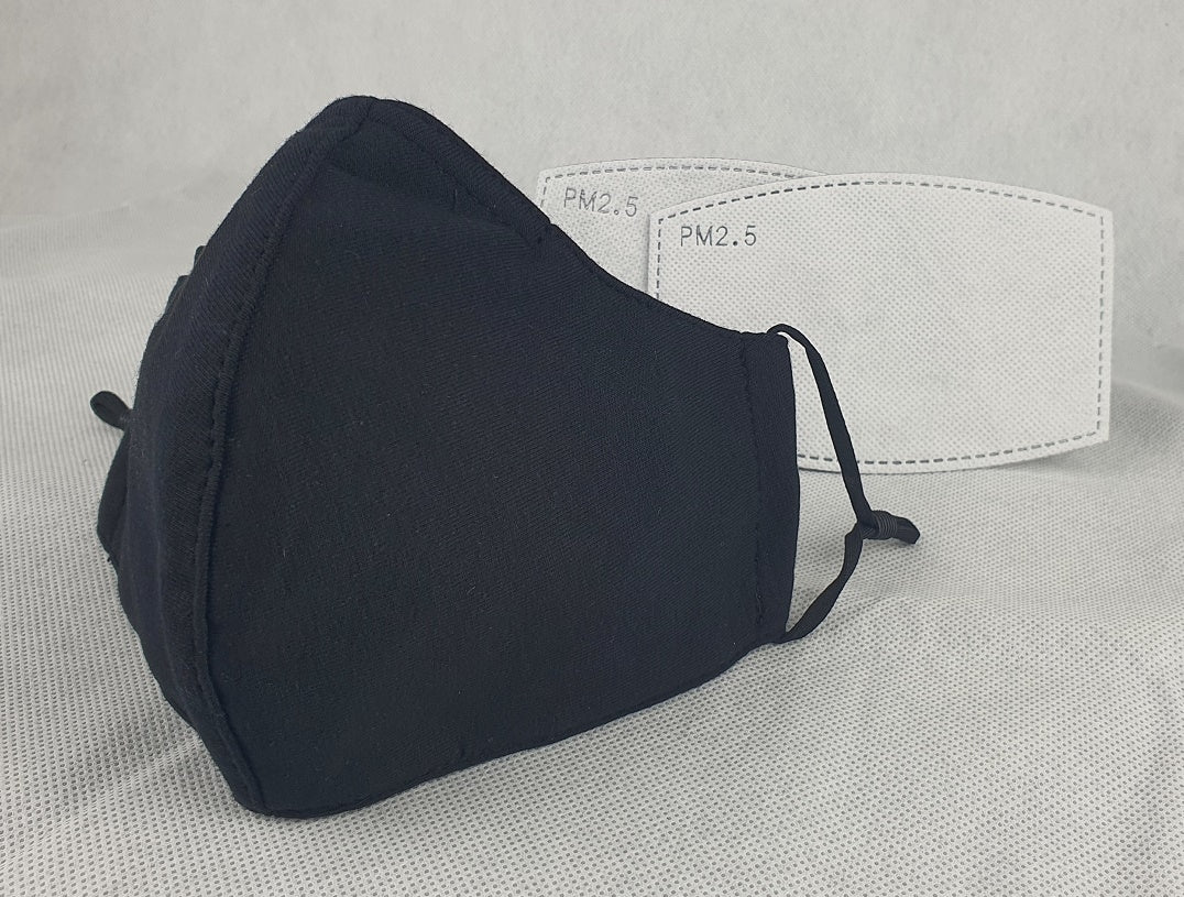 Cotton Face Mask Black 3-Ply Reusable Adjustable with 2 Carbon Filters