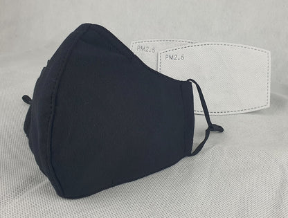 Cotton Face Mask Black 3-Ply Reusable Adjustable with 2 Carbon Filters