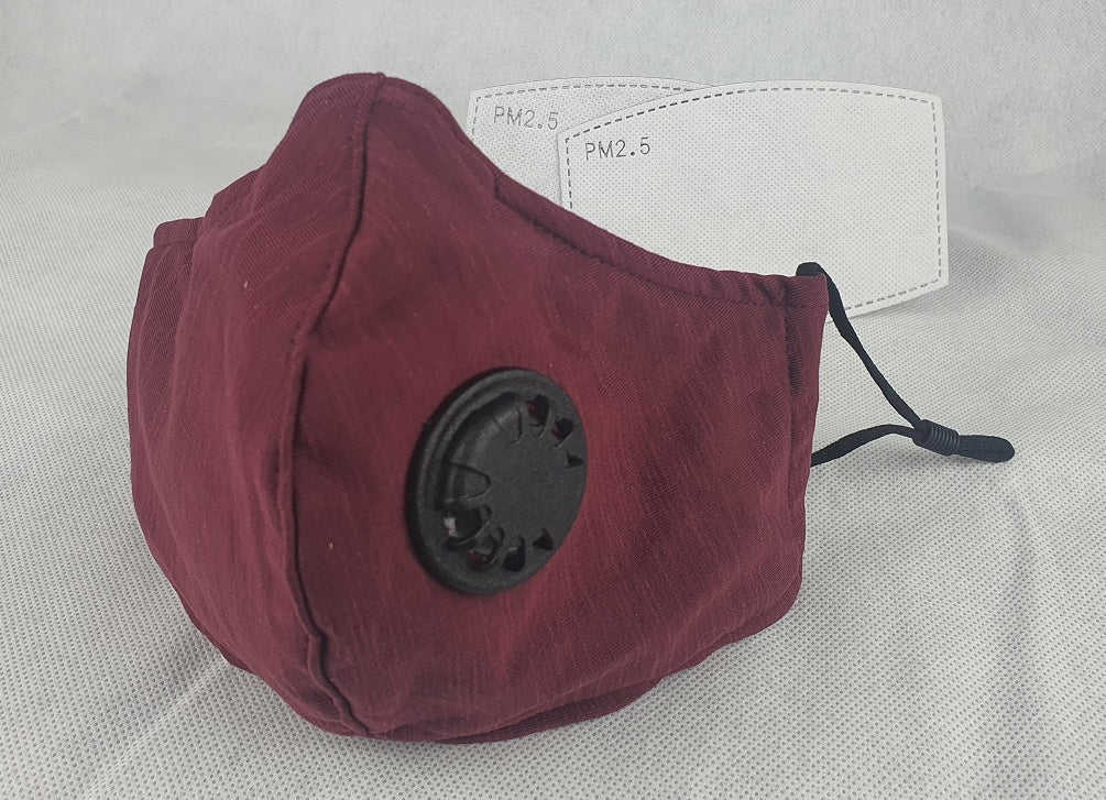 Cotton Face Mask Burgundy 3-Ply Adjustable Reusable with 2 Carbon Filters