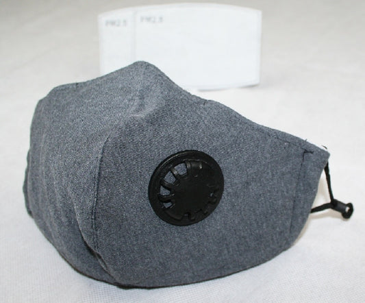 Cotton Face Mask Grey 3-Ply Adjustable Reusable with 2 Carbon Filters