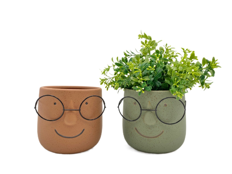 Man w Metal Glasses in Ceramic Pot Planter Assort 13x14cm - Brown, Green - SuperSaverAU - view 1
