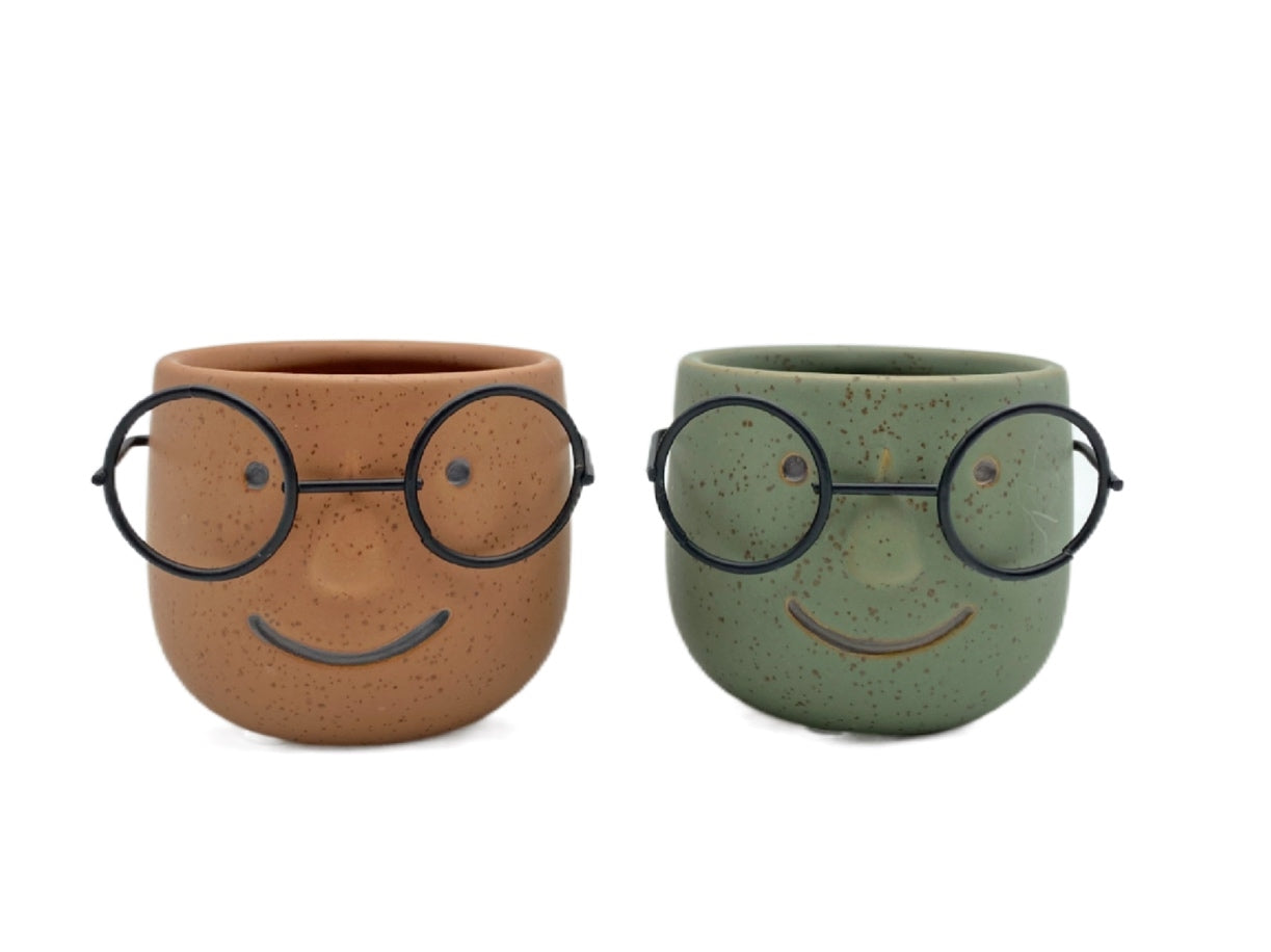 Ceramic Pot Planter Set of 2 with Metal Glasses, 8x8x7 cm, Multi - SuperSaverAU - view 1