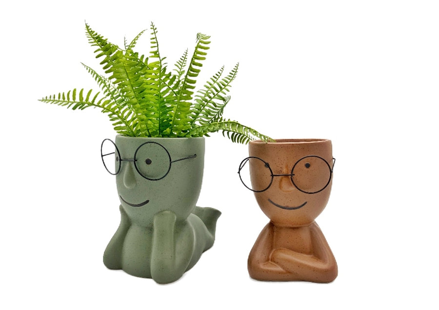 Ceramic Multi Colour Planters Set 2 Relaxing Man w Glasses 22cm - SuperSaverAU - view 1