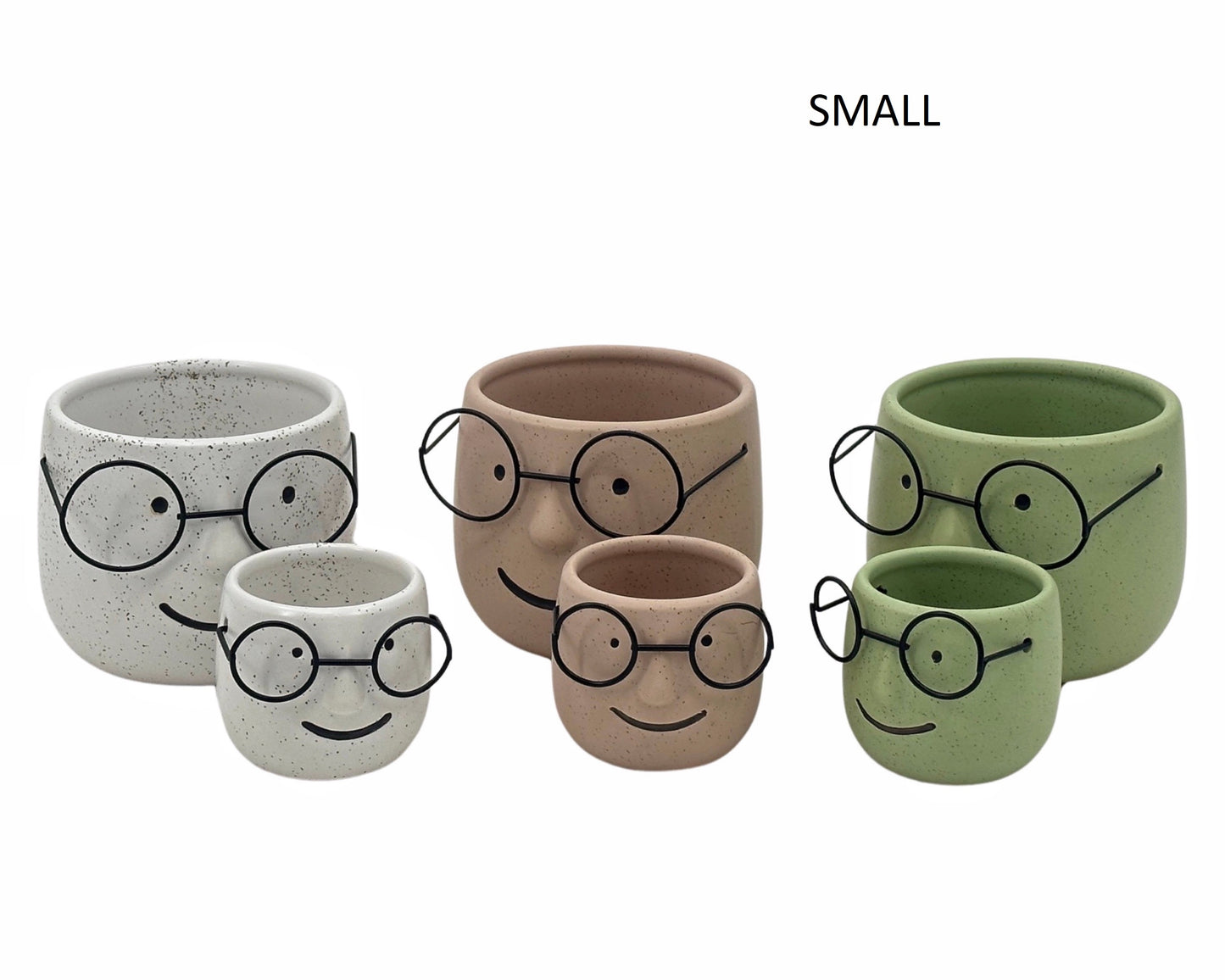 Set 3 Ceramic Pot Planter w Metal Glasses 7x6cm