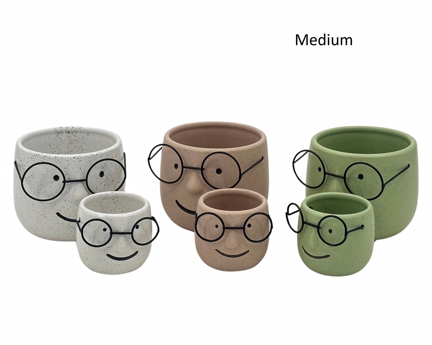 Set 3 Ceramic Pot Planter w Metal Glasses 12x10cm