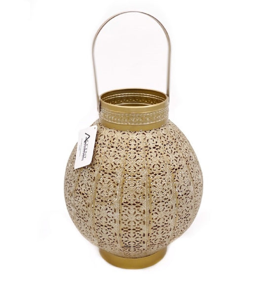Moroccan Round Lantern Candle Holder 28cm - Gold White Wash