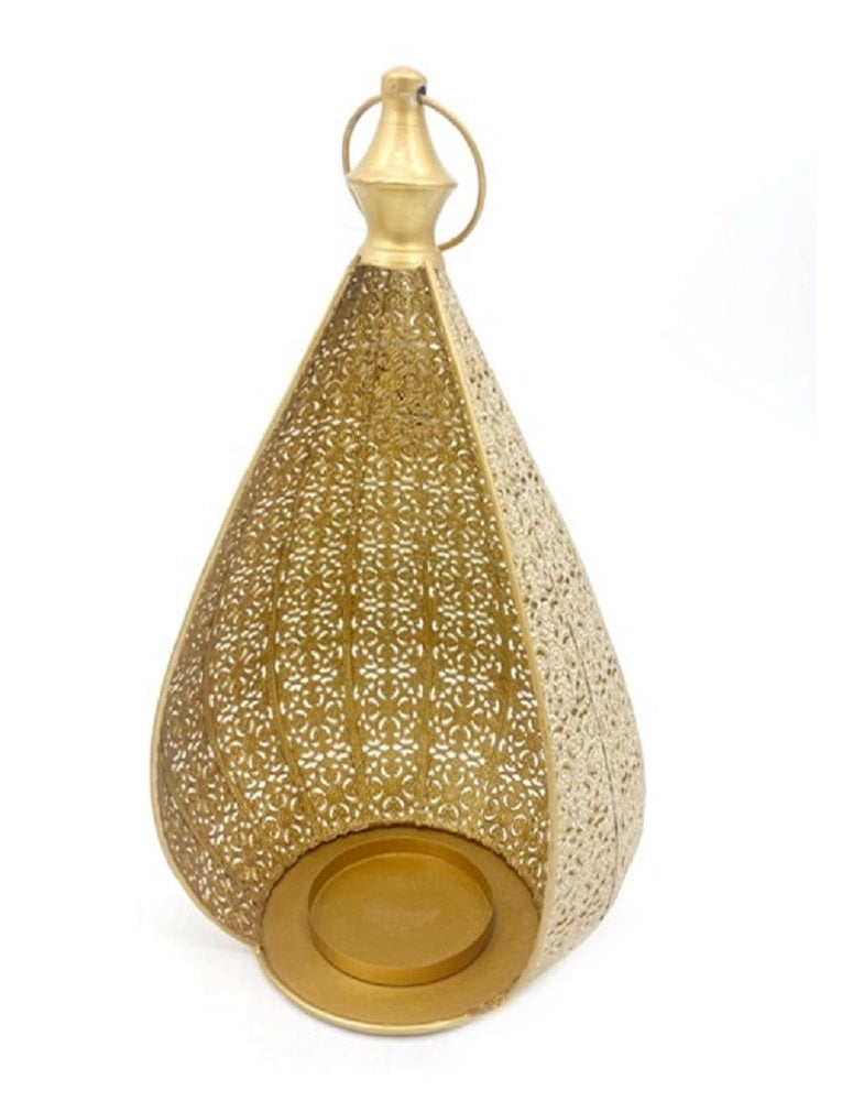 Moroccan Style Waterdrop Lantern Candle Holder 35cm - Antique Gold White Wash