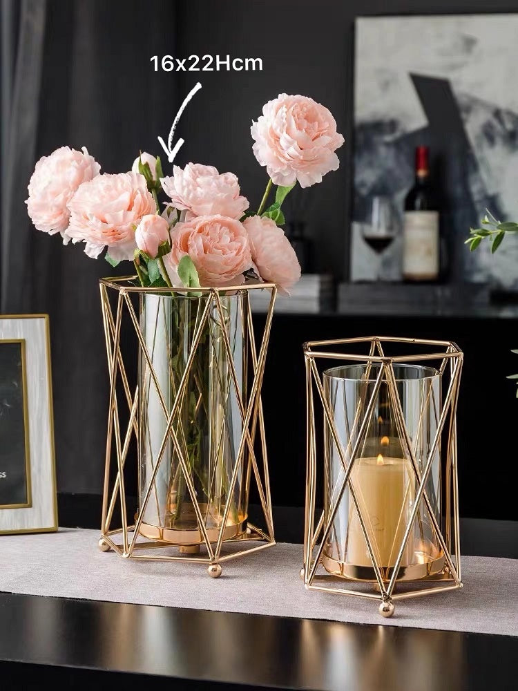 Gold Candle Holder Lantern - Decorative Metal & Glass, 22cm