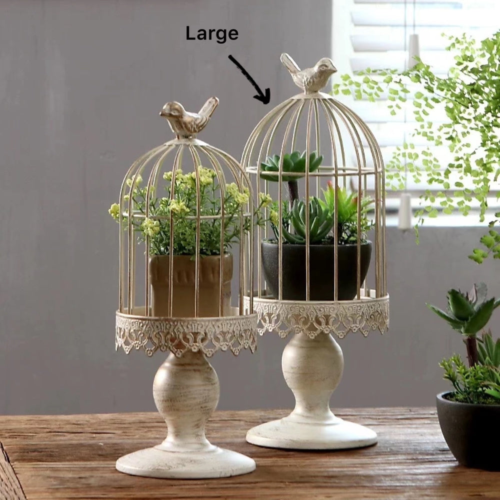 Vintage Birdcage Planter - Antique Cream Metal, 35cm