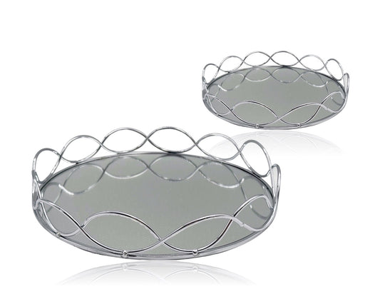 Set 2 Round Silver Mirror Tray 30cm