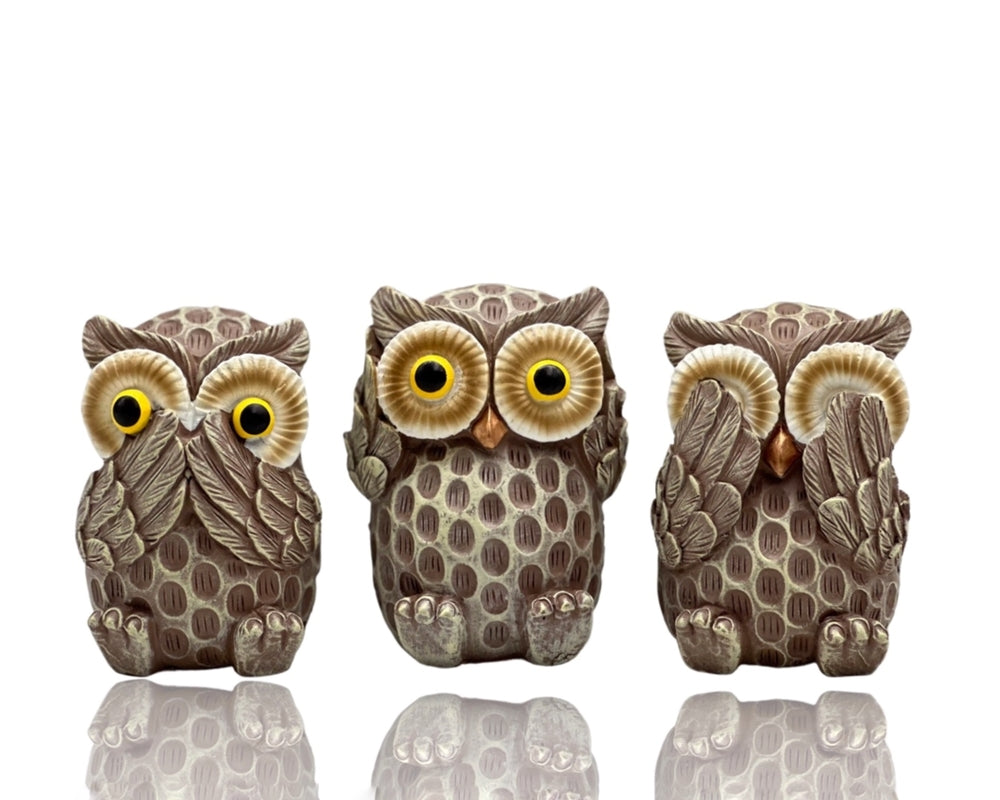 See No Evil Owl Cement Statues Set of 3 - 10cm