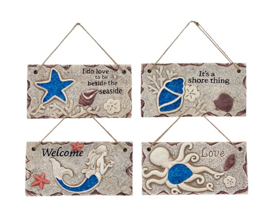 Set 4 Seaside Cement Hanging Plaques Assorted 20cm