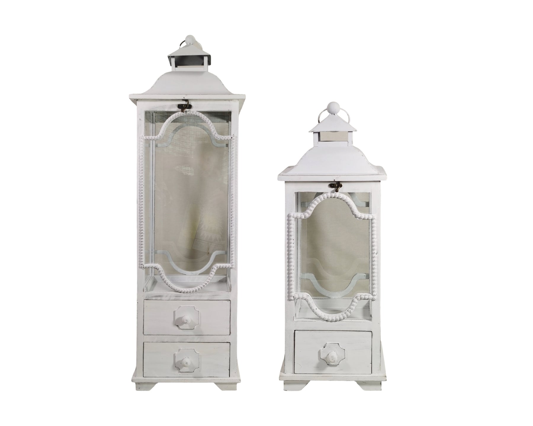 Premium Tall Wooden Lanterns with Drawers – White 104cm, Set of 2