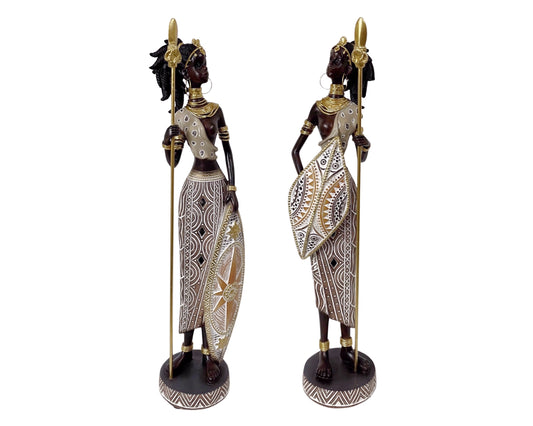 African Warrior Statue Set - 2 Assorted Polyresin Figures 8x33cm