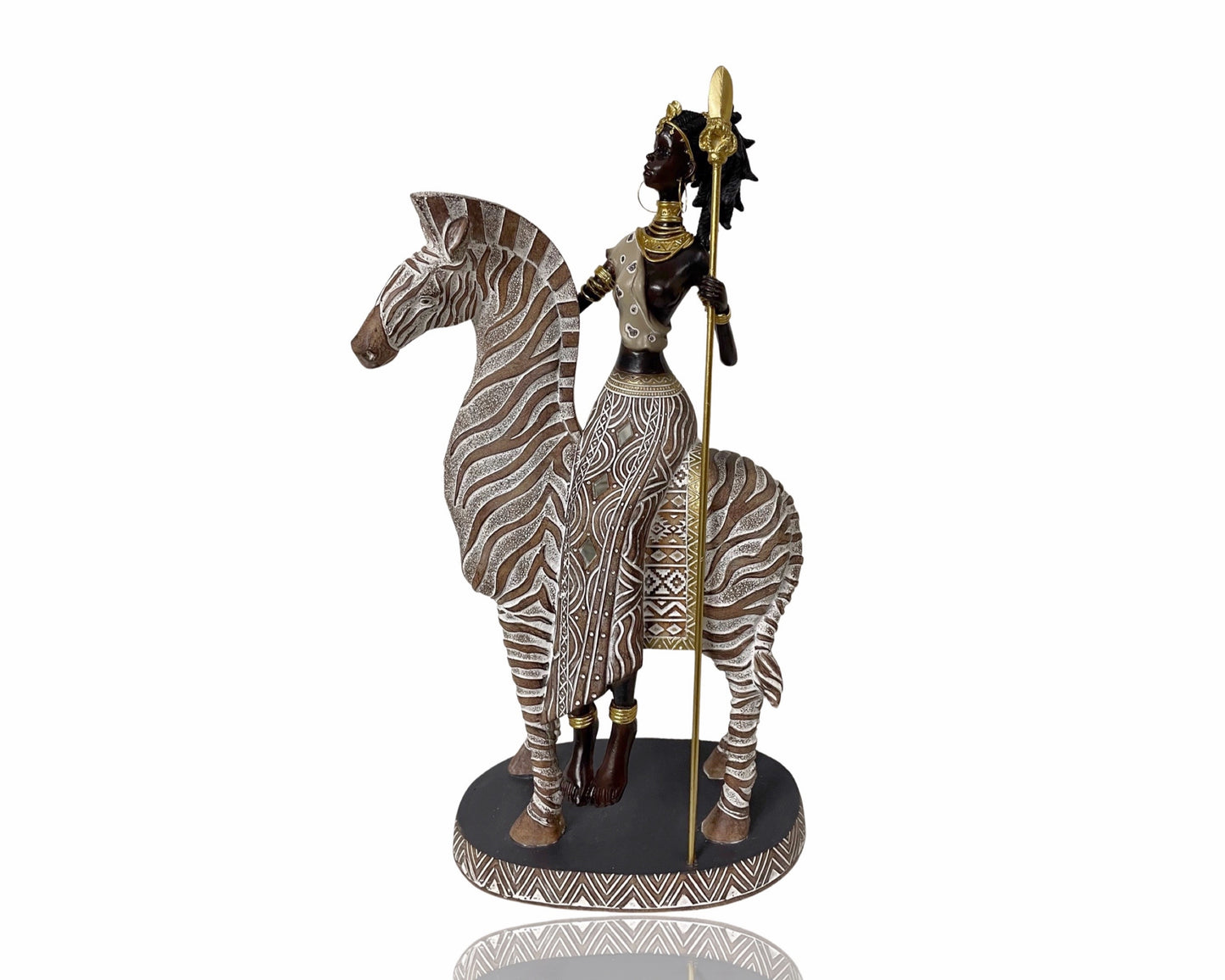 Polyresin African Warrior On Zebra Ornament 17x10x33cm Multi Colour