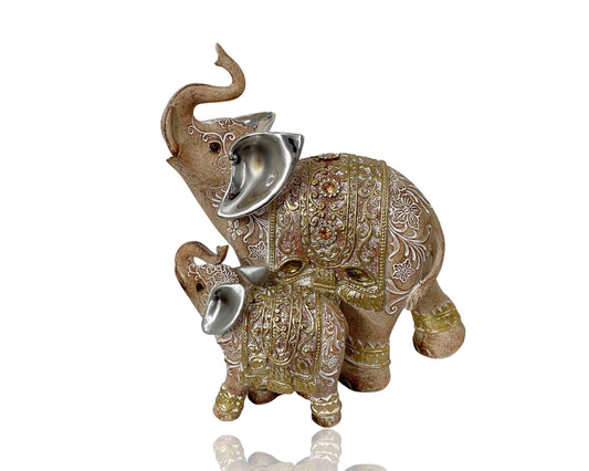Polyresin Elephant Mum & Baby Ornament 16x19cm - Multi Colour