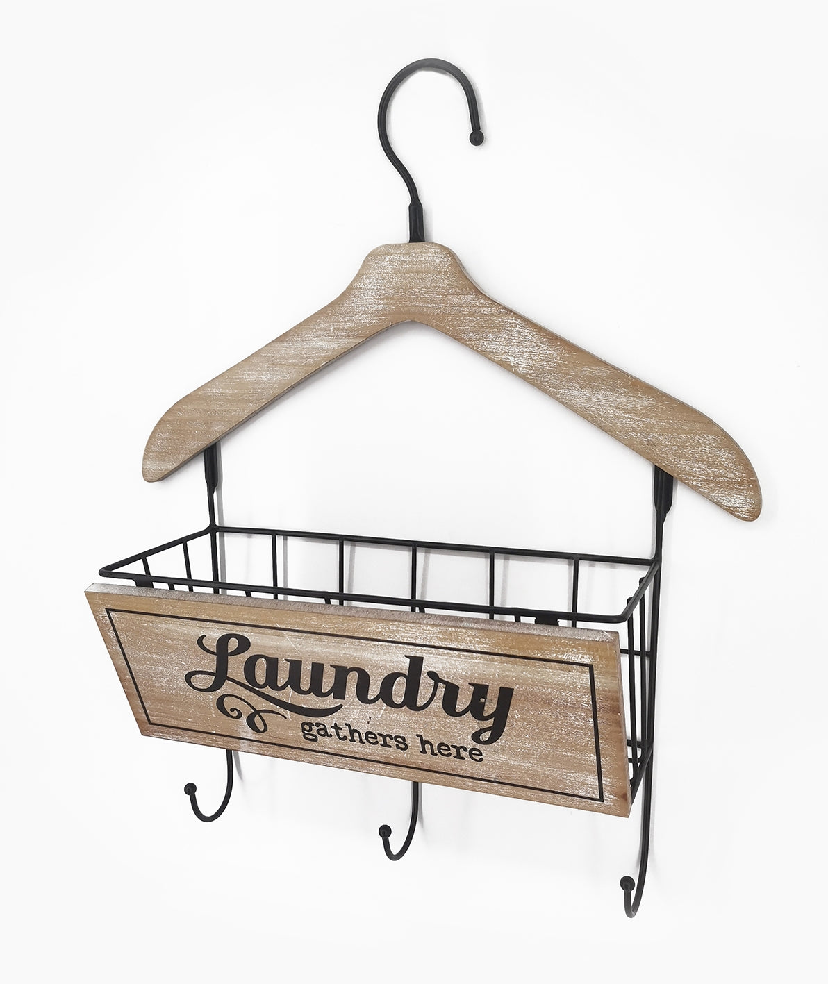 Wooden Laundry Hanger W Basket & 3 Hooks, 40x48cm, Natural White Wash - SuperSaverAU - view 1