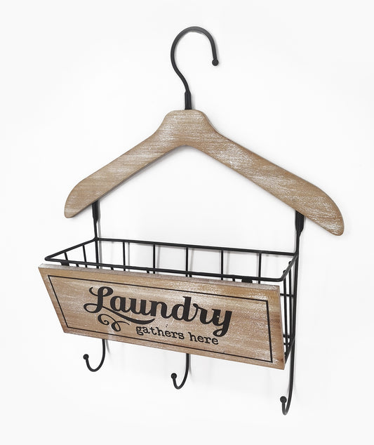 Wooden Laundry Hanger W Basket & 3 Hooks 40x48cm