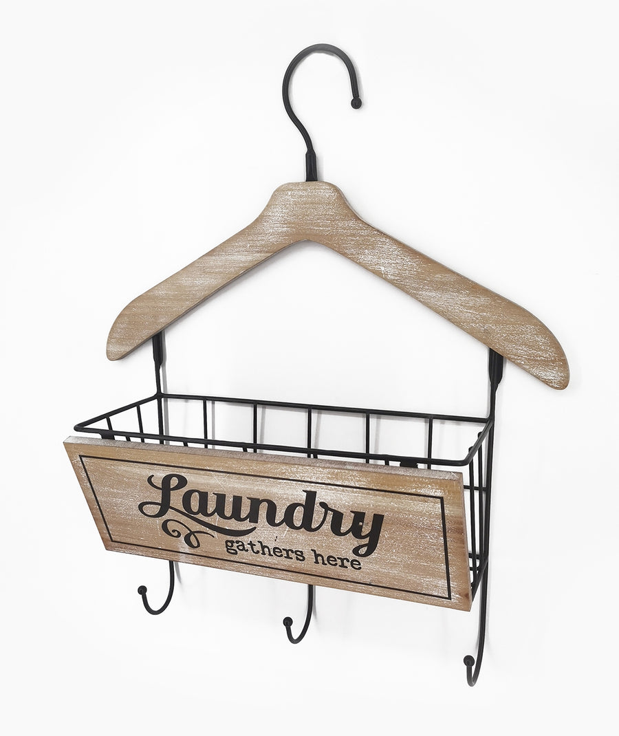 Wooden Laundry Hanger W Basket & 3 Hooks, 40x48cm, Natural White Wash - SuperSaverAU - view 1
