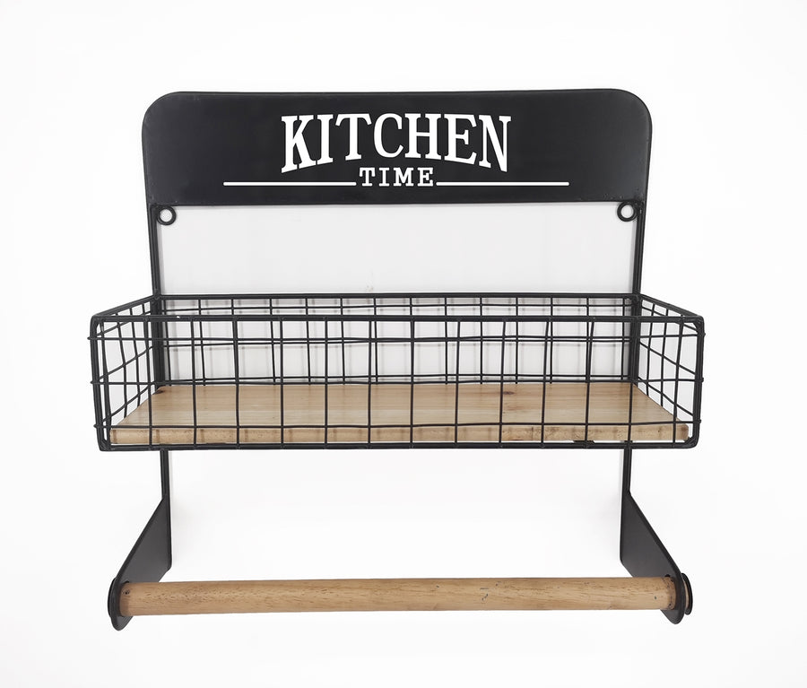 Wooden Kitchen Basket with Hanging Rail, 35x35cm, Natural & Black - SuperSaverAU - view 1