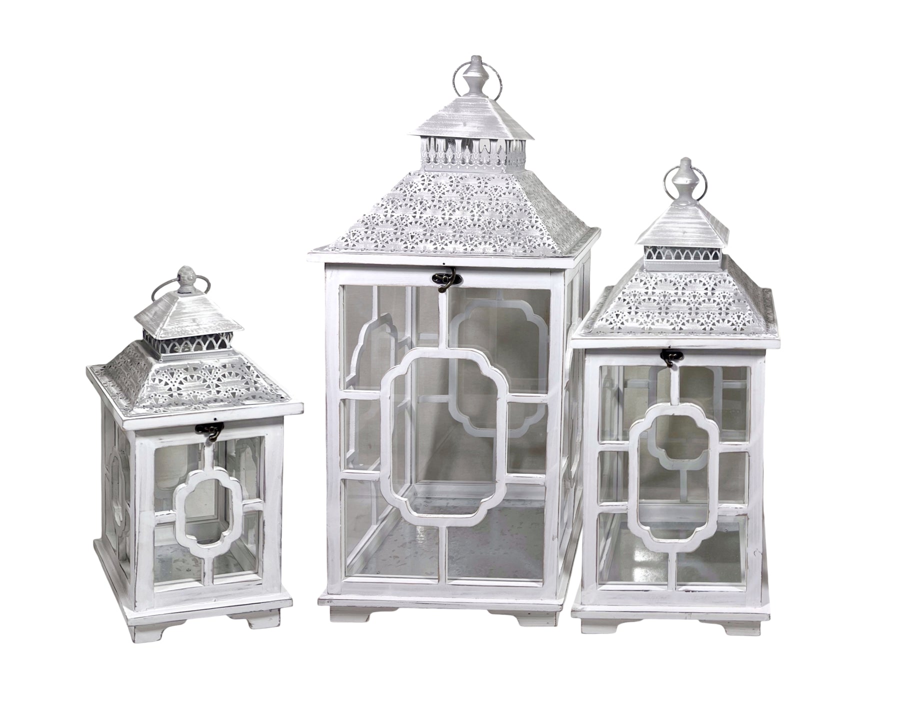 Antique Wooden Lantern Set 3 with Metal Roof - Large 76cm, White Wash - SuperSaverAU - view 1