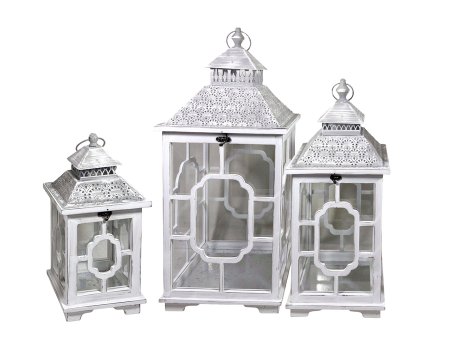 Antique Wooden Lantern Set 3 with Metal Roof - Large 76cm, White Wash - SuperSaverAU - view 1
