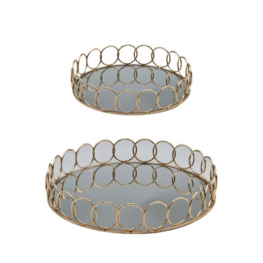 Round Mirror Tray 30cm Champagne Gold Metal & Mirror