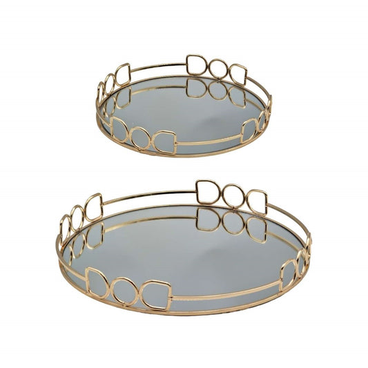Round Mirror Tray 30cm Champagne Gold Metal & Mirror