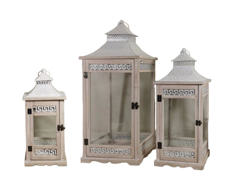 Premium Wooden Aegean Heritage Lanterns – Natural & White 77cm, Set of 3
