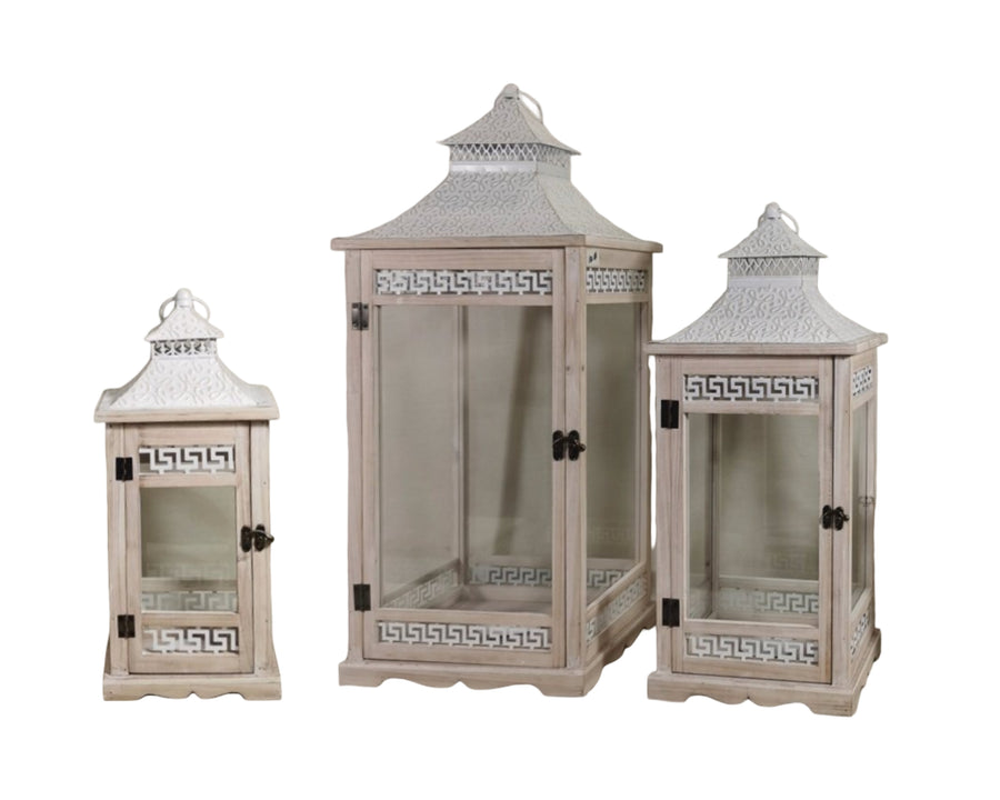 Premium Wooden Aegean Heritage Lanterns – Natural & White 77cm, Set of 3