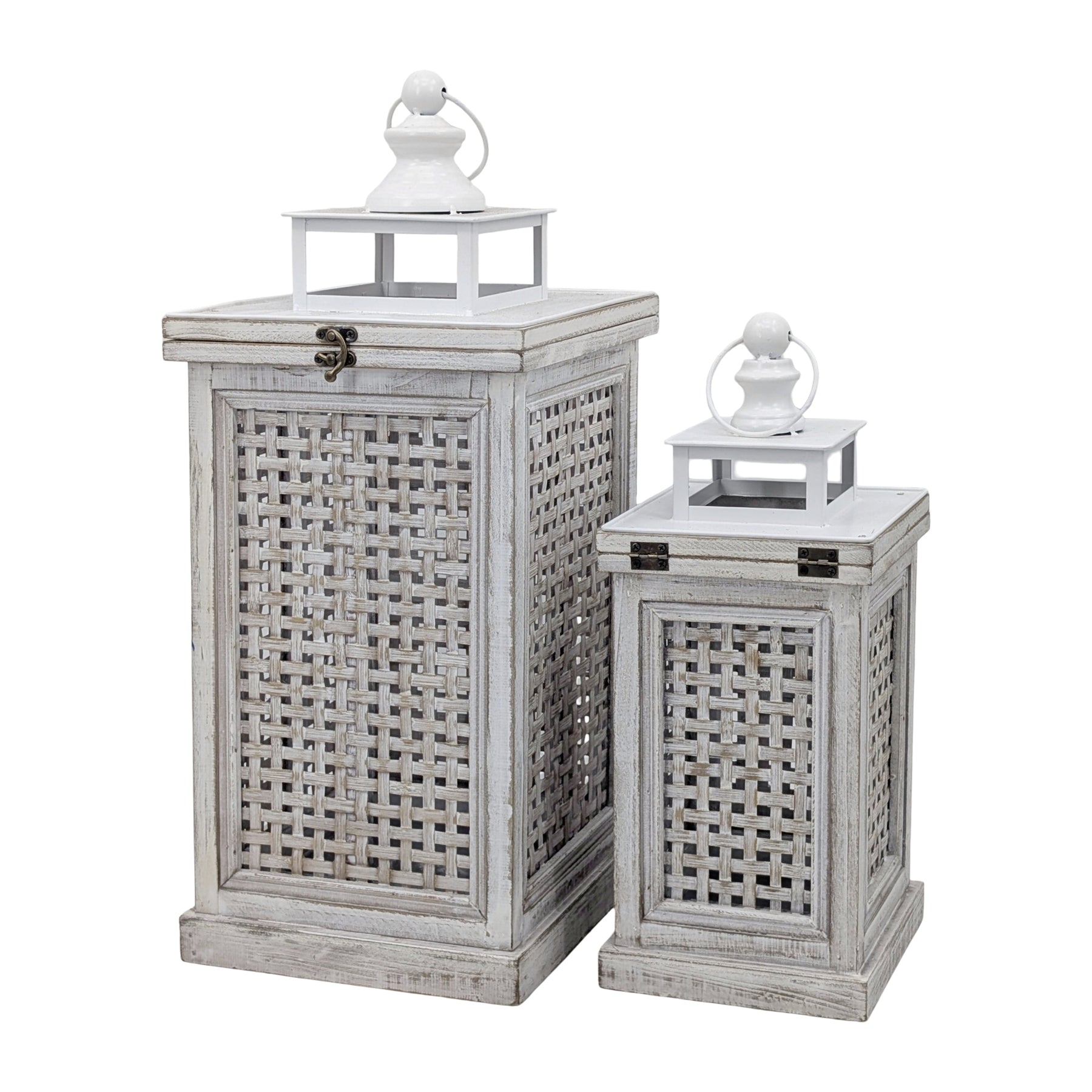 Premium Wooden Coastal Cottage Lanterns – Rustic White 57cm, Set of 2