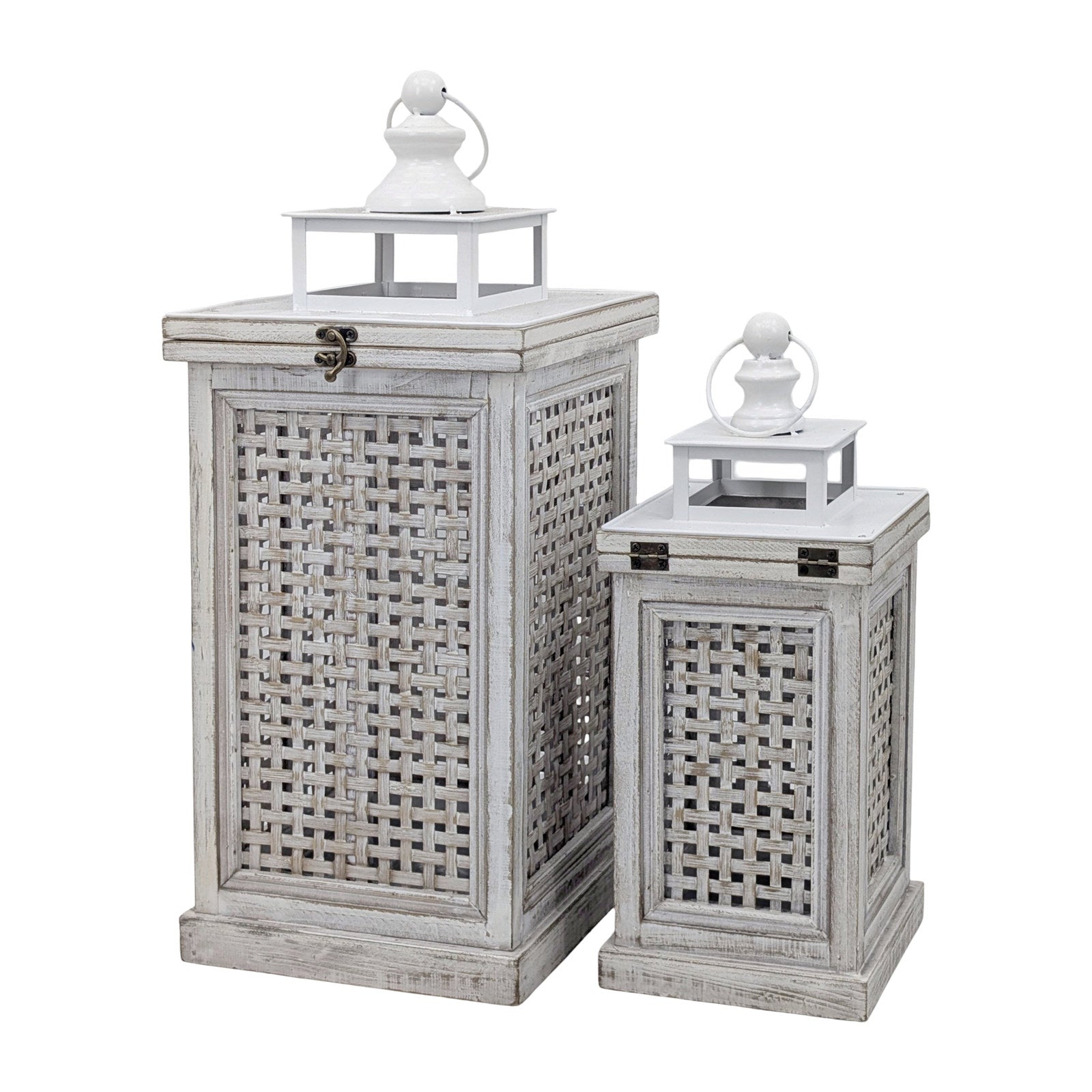 Premium Wooden Coastal Cottage Lanterns – Rustic White 57cm, Set of 2