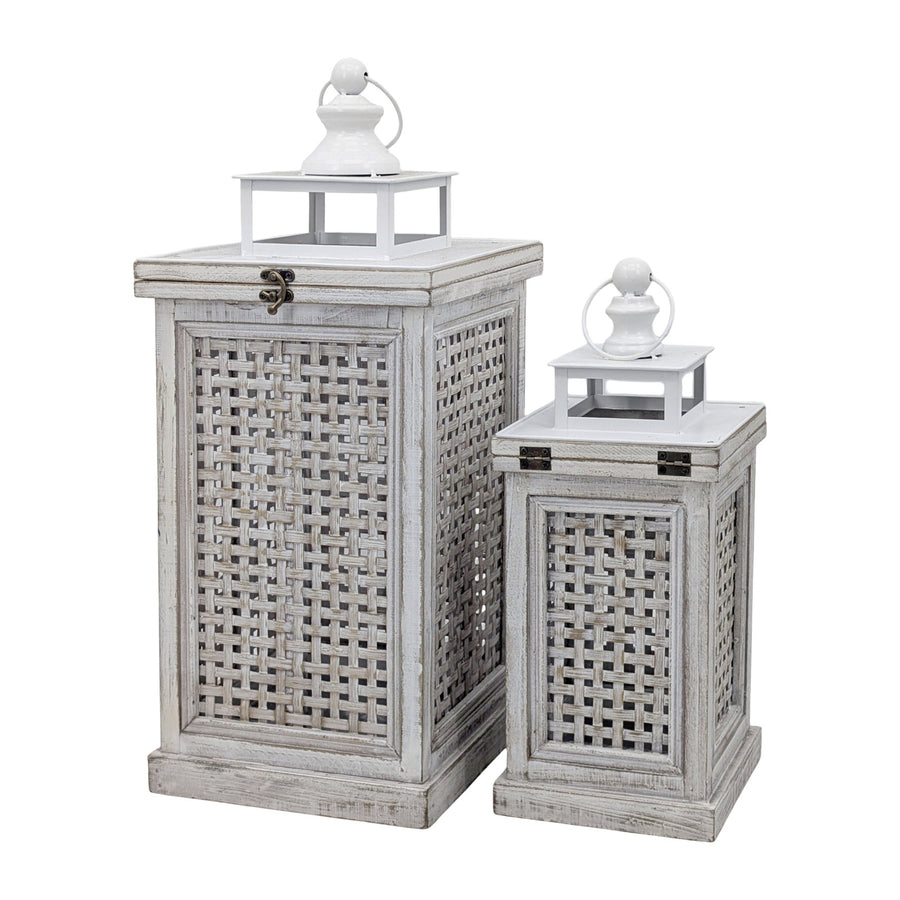 Premium Wooden Coastal Cottage Lanterns – Rustic White 57cm, Set of 2
