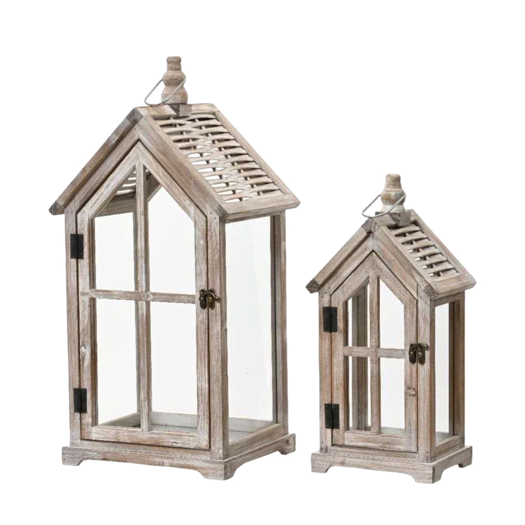 Premium Wooden House Lanterns – Natural & White Wash 60cm, Set of 2