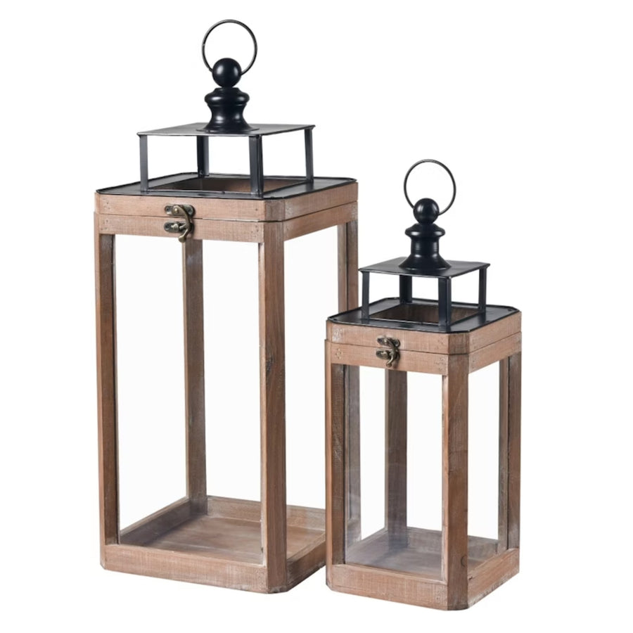 Premium Wooden Rustic Charm Lanterns – Natural & Black 49cm, Set of 2
