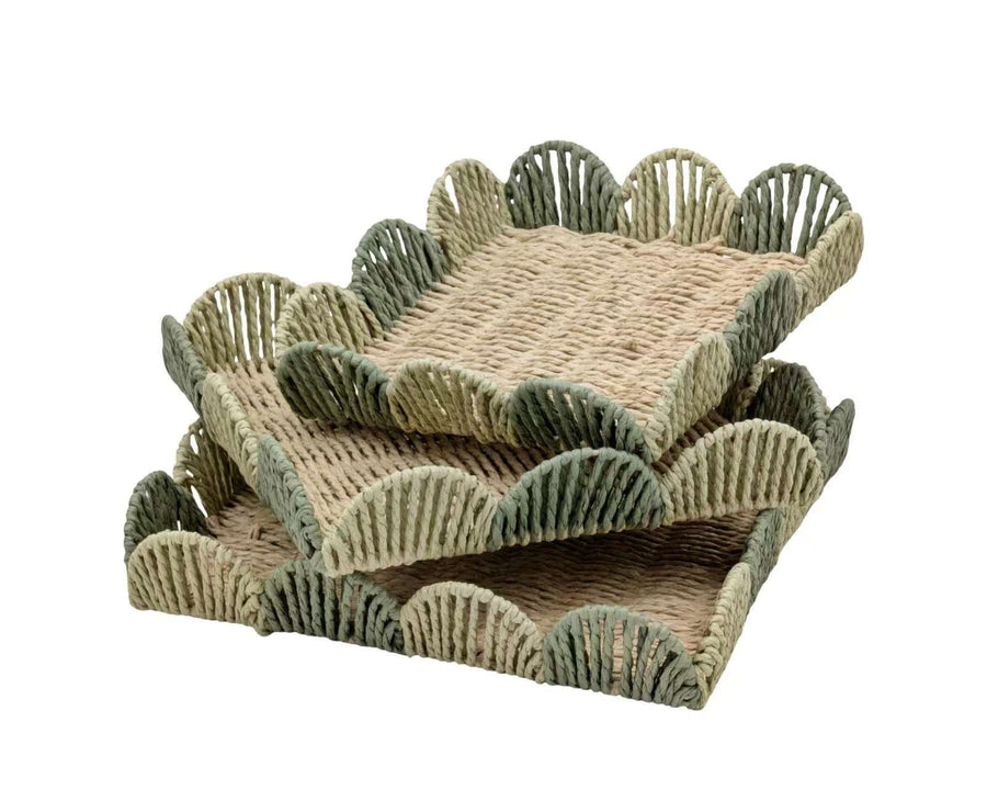 Premium Forest Green Paper Rope Tray Set – 3 Piece Round Decorative Trays